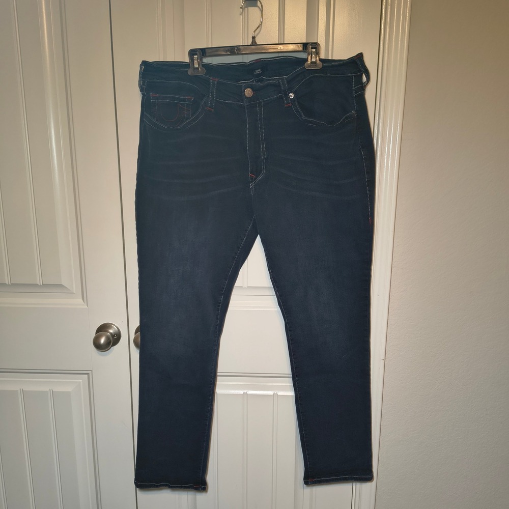 True Religion Geno Relaxed Slim Mens Jeans Blue Red Stitch 42x31 Indigo Denim
